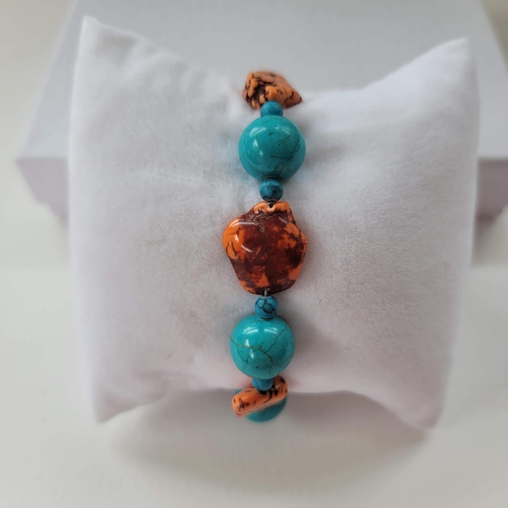 Turquoise and Orange Spiny Oyster Style‎ Beaded Toggle Bracelet 6.25" Gemstones
